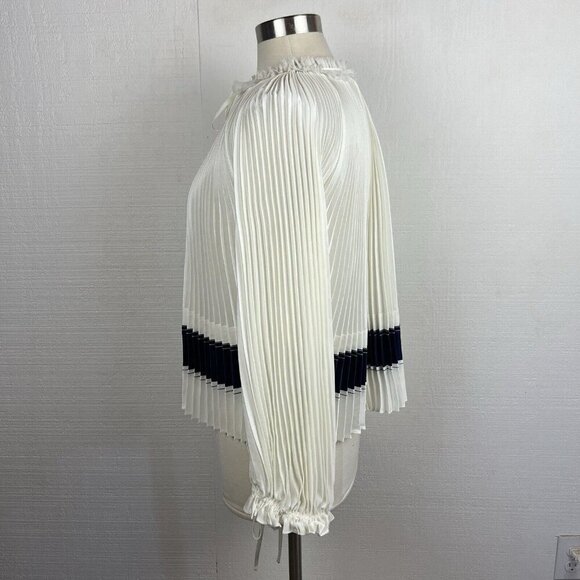 3.1 Phillip Lim Blouse L Womens Ivory Pleated Navy Stripe Tie Ruffle Classic - Picture 5 of 11
